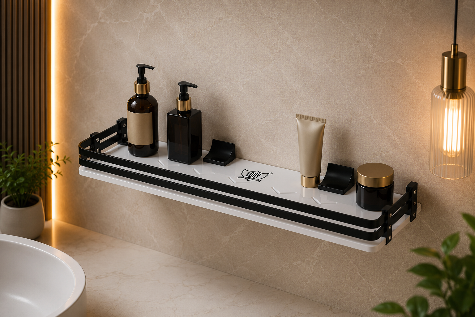 LOKY Spartan Acrylic Straight Shelf 18x5 Black | Premium Bathroom Organizer with Heavy Aluminium Fittings - Image 2