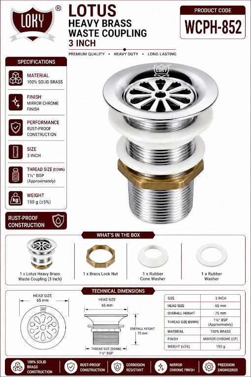 LOKY® Lotus Waste Coupling 3 Inch – 100% Brass, Rust-Proof & Corrosion-Resistant - Image 3