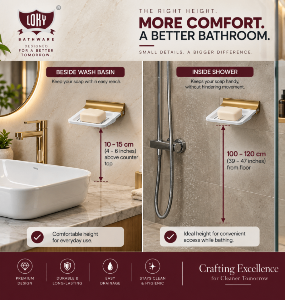 Correct soap dish holder height beside a wash basin and inside a shower
